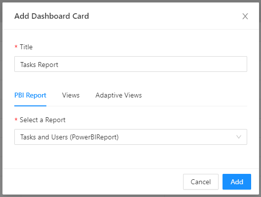 Modal showing adding a PowerBI report with a title and the report selected